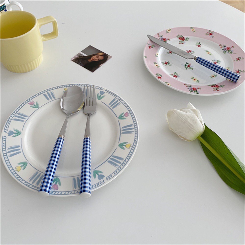 Set muỗng nĩa ăn cơm họa tiết caro xinh xắn