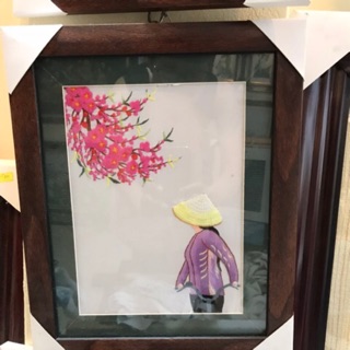 Tranh thêu tay cô gái và hoa đào 25x35