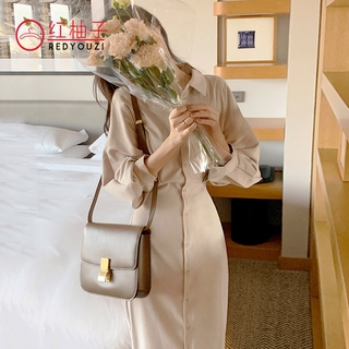 Đầm sơ mi dài tay phồng cột dây eo thời trang hàn quốc cho nữ