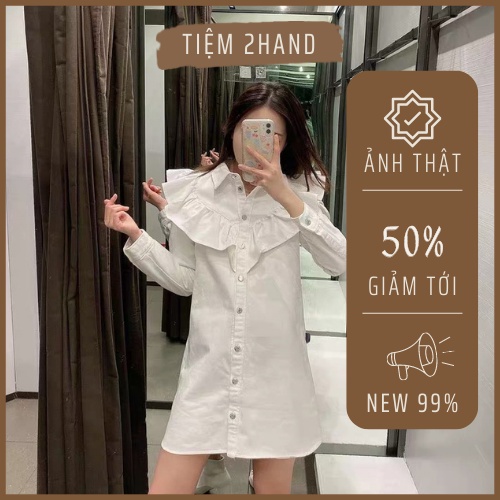 Váy trắng kaki dáng suông viền bèo ZAR xuất dư, đầm denim kaki trắng dài tay tiểu thư - Tiệm 2Hand