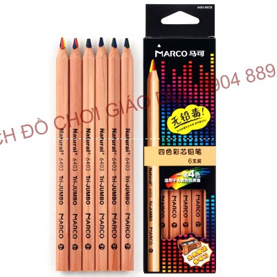 Hộp bút chì TAM GIÁC viết màu cầu vồng gồm 06 bút cỡ to có ruột 4 màu kèm gọt bút chì