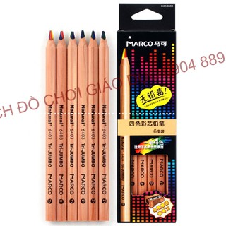 Hộp bút chì TAM GIÁC viết màu cầu vồng gồm 06 bút cỡ to có ruột 4 màu kèm gọt bút chì