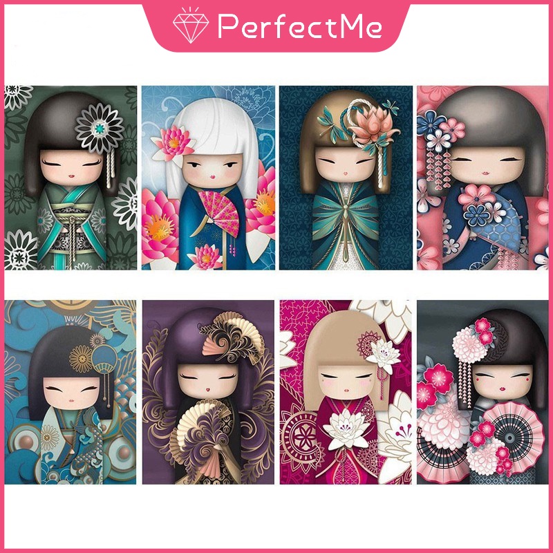 Bộ dụng cụ làm tranh đính đá họa tiết búp bê Nhật Bản 5d độc đáo treo tường trang trí nội thất diy 30x40cm