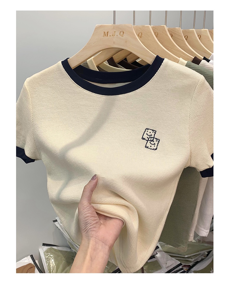 Áo Thun Cotton Ngắn Tay Thêu Họa Tiết Màu Sắc Tương Phản Thời Trang Cho Nữ 54276