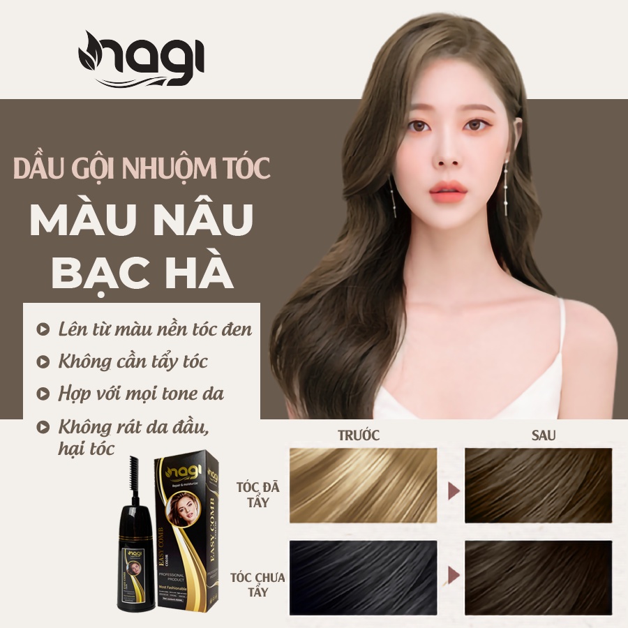 Dầu gội nhuộm tóc màu Nâu Bạc Hà Nagi Peppermint Brown 12 chiết xuất từ thiên nhiên chai 400ml