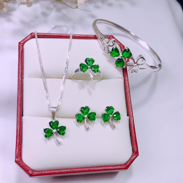 Set bạc ta mặt cỏ 3 lá đủ màu siêu xinh - TRANG SỨC BẠC