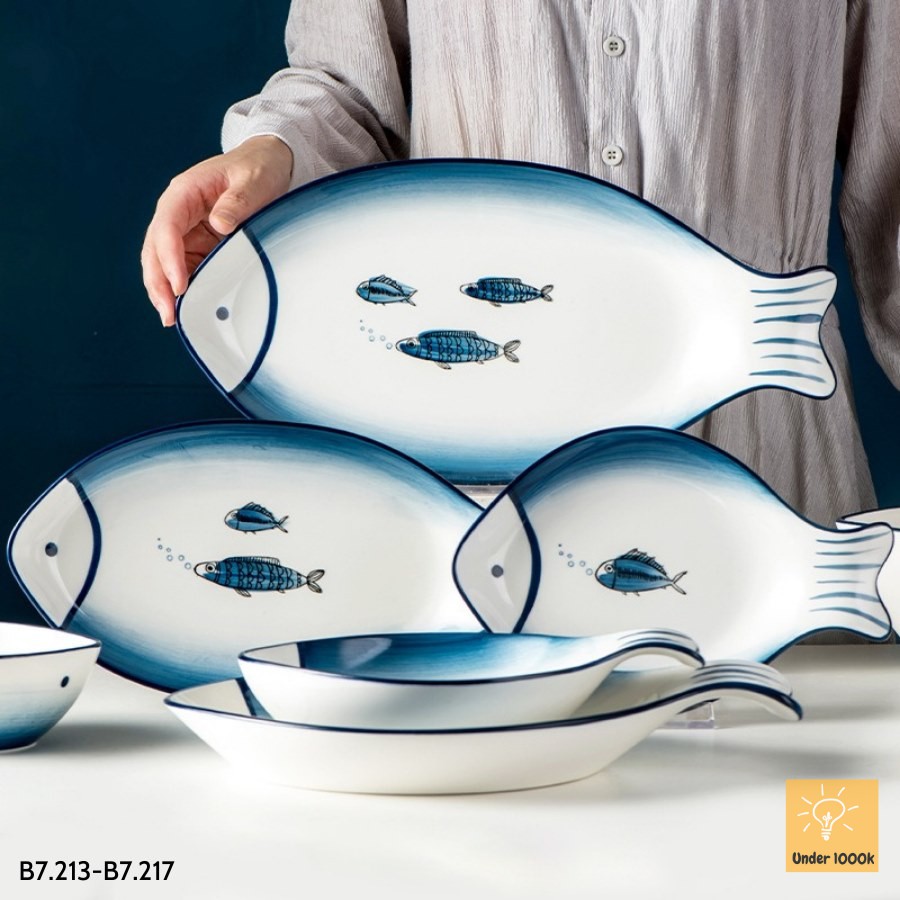 Đĩa sứ decor cá xanh viền xanh Under1000k