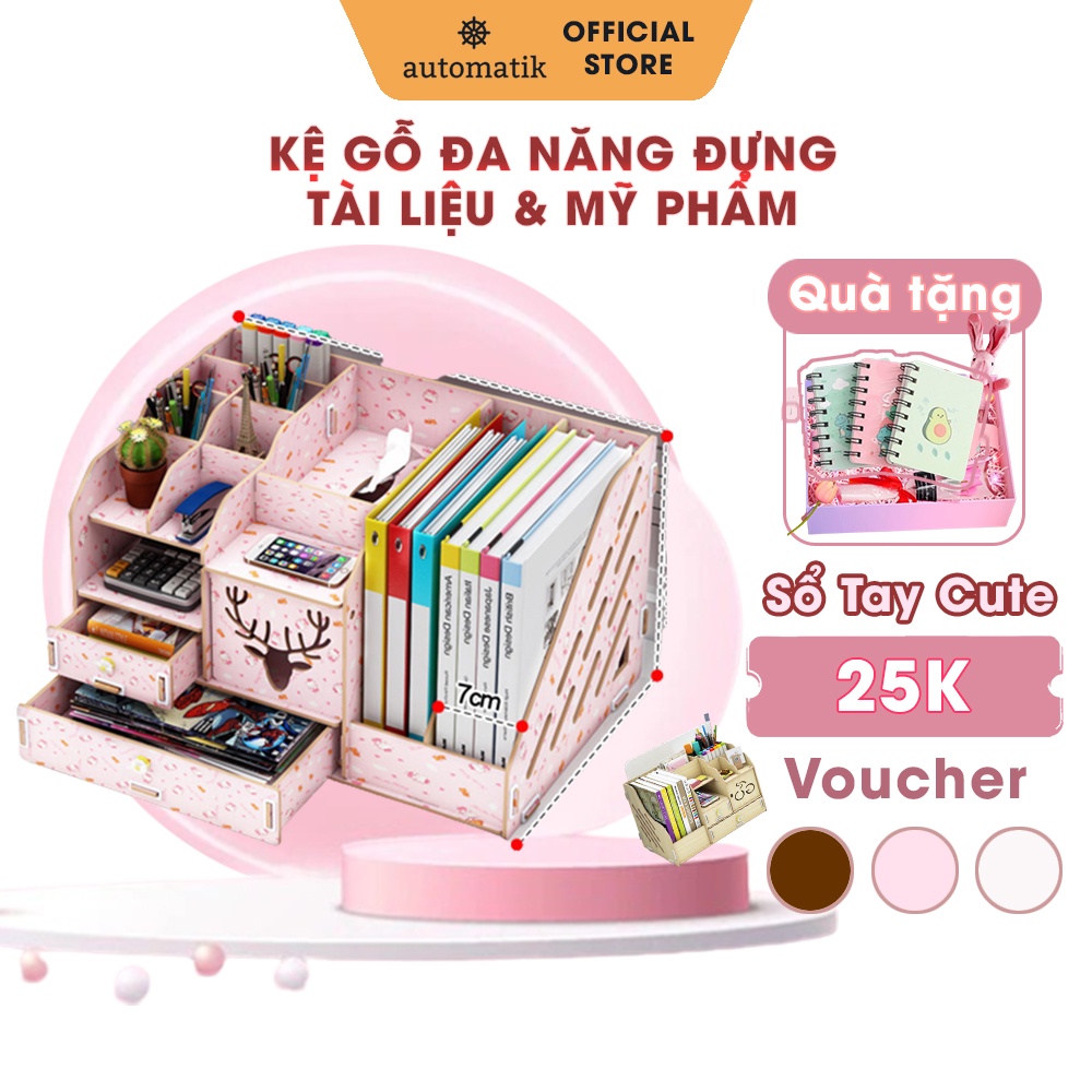 Kệ Gỗ Đa Năng Để Bàn Đựng Mỹ Phẩm Sách Vở Bút, Tài Liệu Văn Phòng, Đồ Dùng Học Tập + Tặng Sổ Tay Mini - Automatik