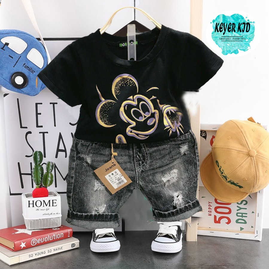 [Siêu Sale TẾT] Sét Đồ Bé Trai, Hàng Xuất Khẩu, Quần Short Jean, Áo Thun Cotton Hình Chuột Mickey KEYER VN SZ01