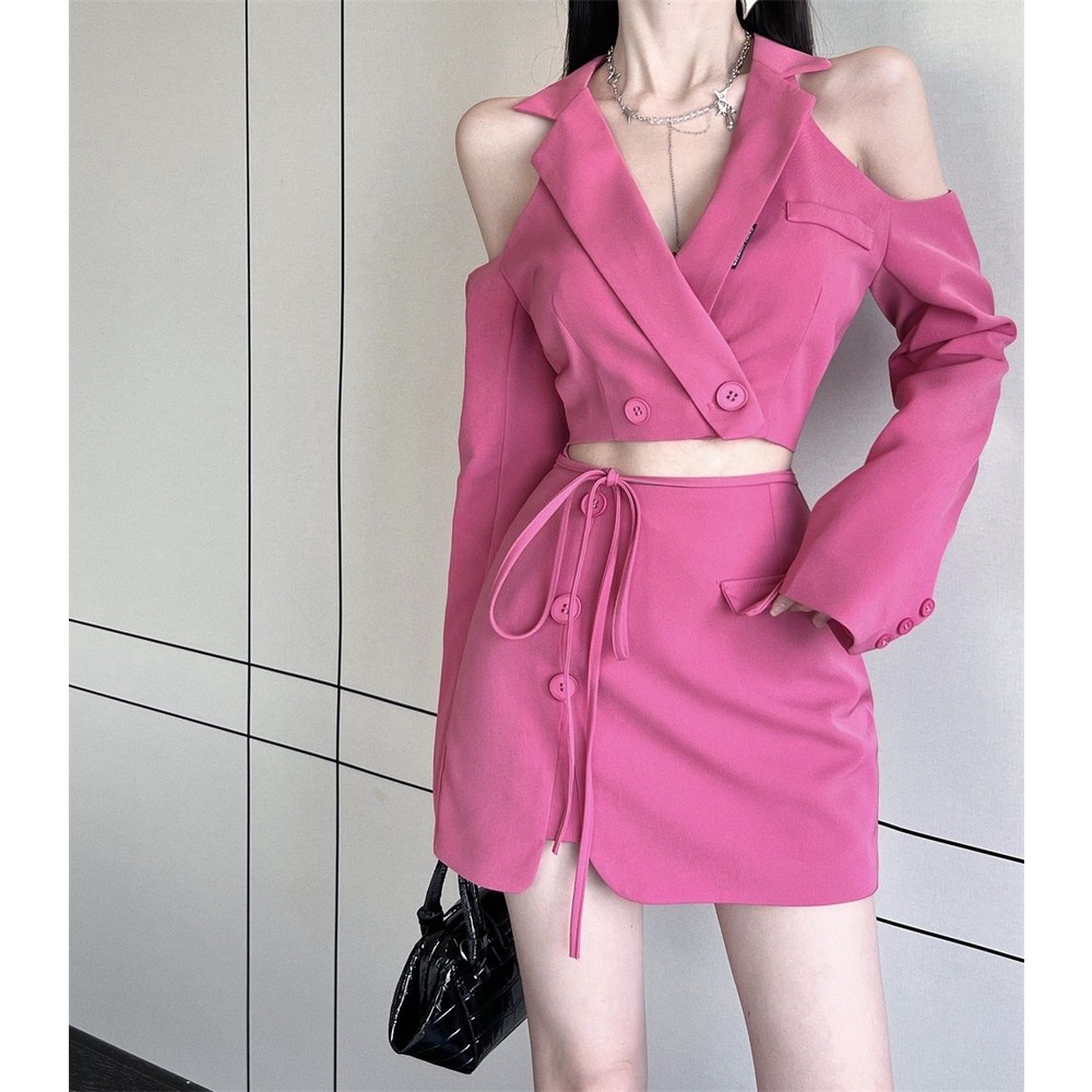Set Áo Váy + Áo Khoác Cardigan Trễ Vai Tay Dài Thời Trang Cho Nữ