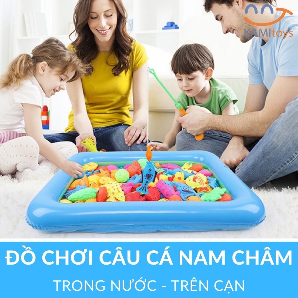 Đồ chơi câu cá cho bé có gắn nam châm chơi trong nước và trên cạn gồm Bể hơi+Cần+Vợt+Cá mã 50015