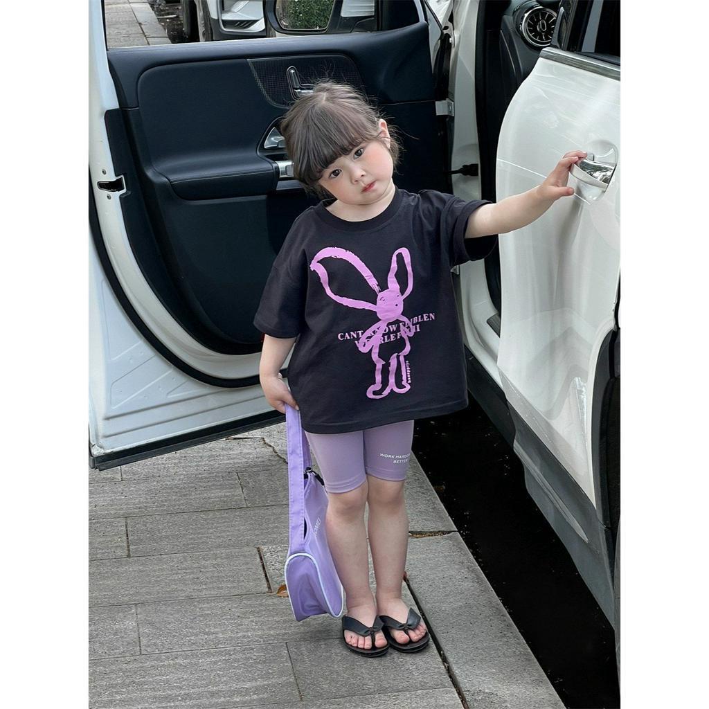 Bộ quần áo legging thỏ tím cho bé gái, set áo phông quần đùi legging siêu co dãn chất bozip trẻ em, unisex, TP KIDS