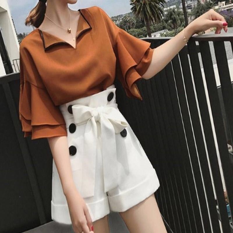 Bộ Áo Tay Dài Cổ Chữ V Nhún Bèo Phối Quần Chữ A Màu Trơn Thời Trang Mùa Hè Hàng Mới 2022