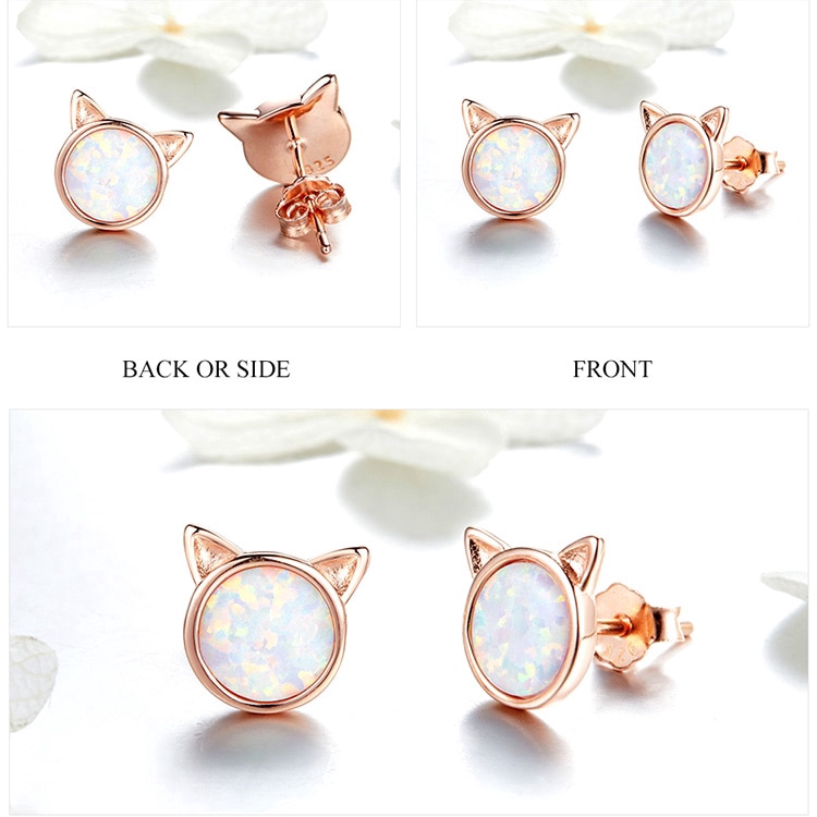Bông Tai Bamoer Mạ Vàng Hồng Phối Tai Mèo Đính Đá Opal Nhỏ Nhắn Sang Trọng Cho Nữ
