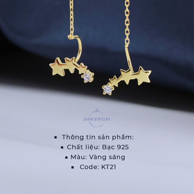 Đôi bông tai bạc mạ vàng dây dài chuỗi ngôi sao nữ tính Asimi, bông tai dài ngôi sao cao cấp quyến rũ Yeallow Star KT21