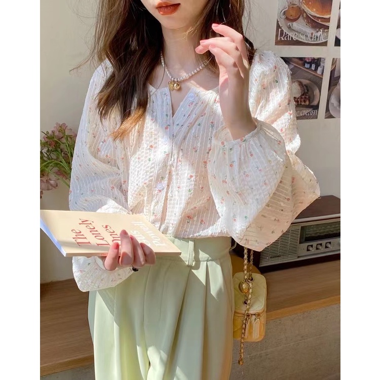 Áo Nữ Tay Dài Họa Tiết Hoa Thời Trang Phong Cách Hàn Quốc