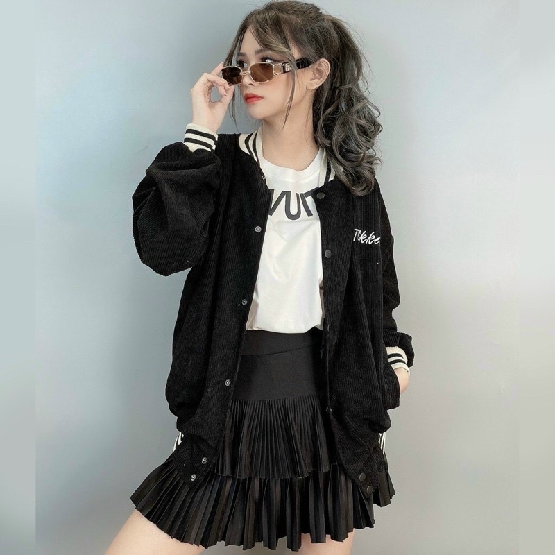 Áo Bomber Chất Nhung Tăm Thêu Chữ Nổi Màu Dáng Rộng Ulzzang Unisex Siêu Hot