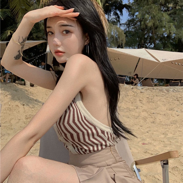 European and American sling vest women's dress in summer hot girls with a short back with a knitted top inside and outside