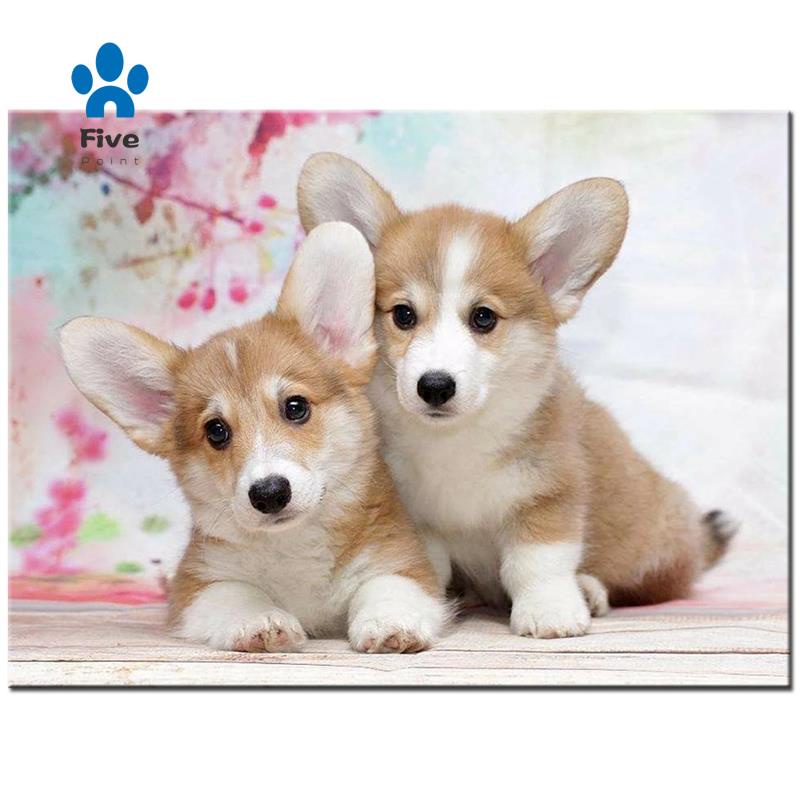 Tranh thêu chữ thập đính đá hình chó corgi 3D DIY