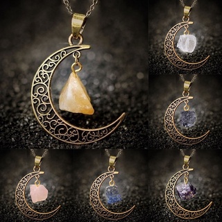 Vòng cổ Mặt Hình Mặt Trăng Đính Đá Thạch Anh Tự Nhiên Phong Cách Vintage Cho Nữ