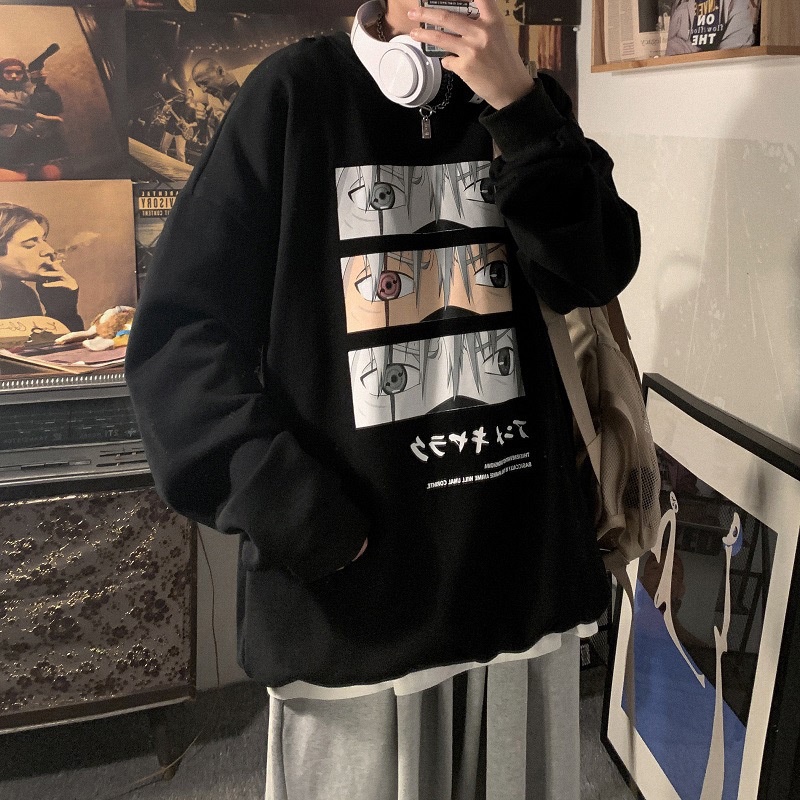 Áo sweater cổ tròn dáng rộng in hình anime phong cách Hàn Quốc cá tính cho nam