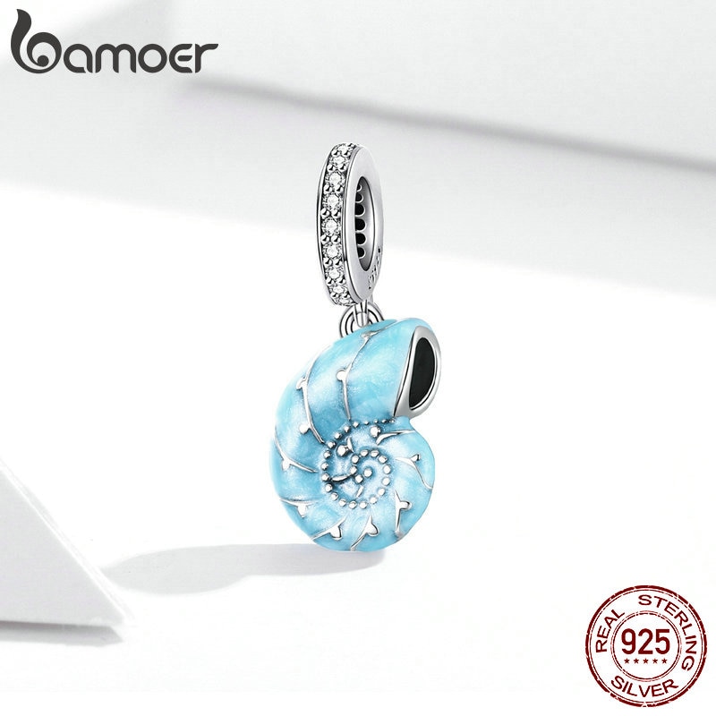 Mặt trang sức Bamoer SCC1560 bằng bạc 925 hình ốc xà cừ màu xanh dương dùng làm vòng tay dễ thương cho nữ