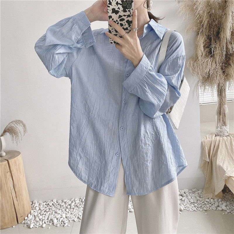 Spring 2021 New Korean Loose and Thin Polo Collar Long Sleeve Shirt Design Sense Minority Shirt Blouse[delivery Within 7 Days]