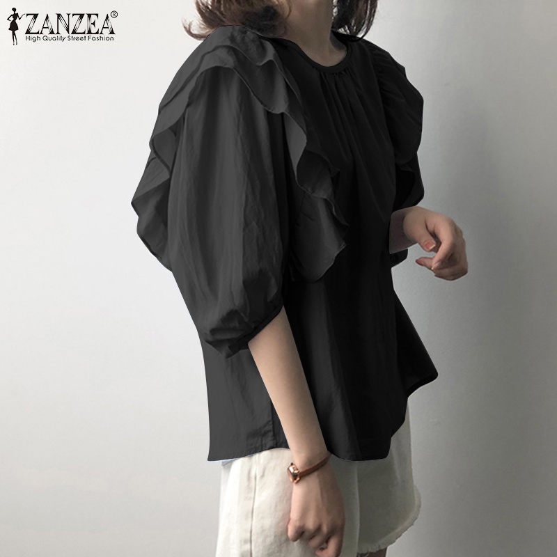 Áo kiểu Zanzea tay phồng cổ tròn màu trơn phong cách Hàn Quốc thời trang cho nữ