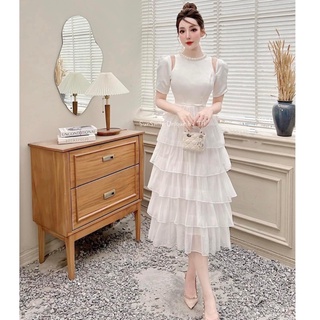 Đầm thiết kế LINH RUBI STORE dáng dài chất liệu tacta cao cấp chân váy xếp tầng cầu kỳ khoét vai cổ ngọc 465