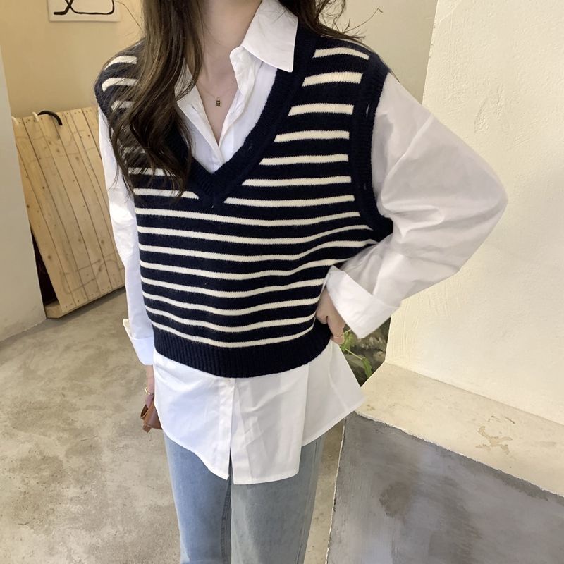 Áo Len Không Tay Dáng Rộng Họa Tiết Kẻ Sọc Đen Phong Cách Hàn Quốc Thời Trang Mùa Thu 2023 Dành Cho Bạn Nữ