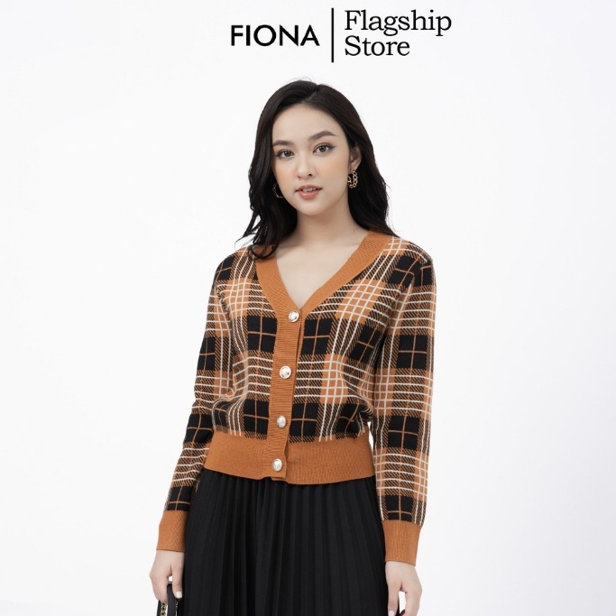 Áo khoác len nữ cổ tim FIONA cài cúc, áo khoác nữ cardigan ngắn họa tiết kẻ 2 màu F851424
