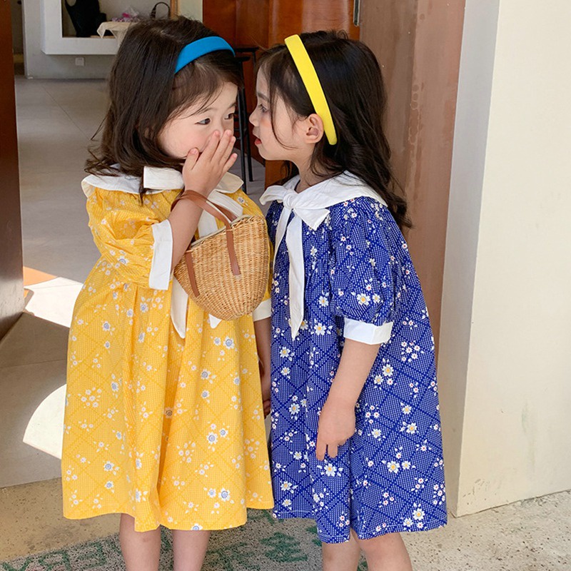 Đầm Công Chúa Cổ Búp Bê Tay Phồng Đính Nơ In Hoa Kiểu Hàn Quốc Thời Trang Mùa Hè Cho Bé Gái