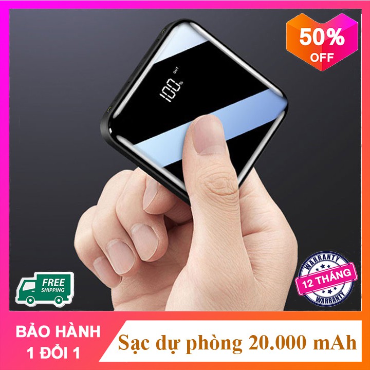 ✪ Pin Sạc Dự Phòng mini Siêu Mỏng Mặt Kính Nhỏ Gọn Power Bank 20.000 mAh Sạc kép đèn LED - HÀNG XỊN