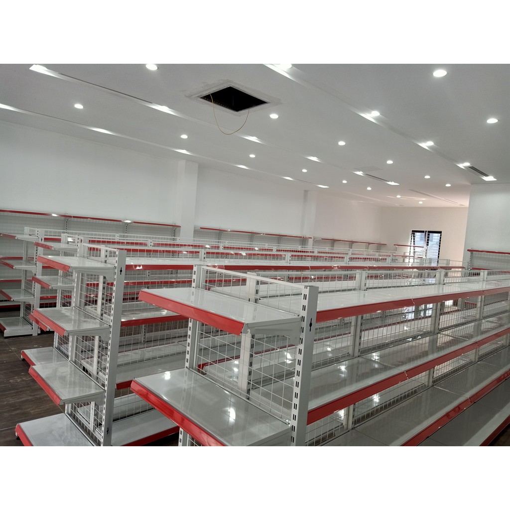 Kệ siêu thị đơn, 3 tầng cao 1,2m, dài 0,9m, rộng 0,4m.