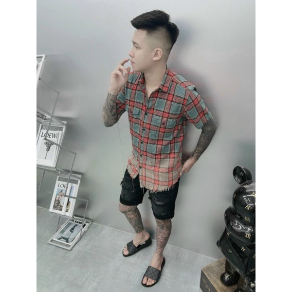 Áo sơ mi nam nữ bbr ngắn tay  loang màu rách gấu , kẻ sọc caro , chất liệu cotton không phai màu thấm hút mồ hôi cực kỳ