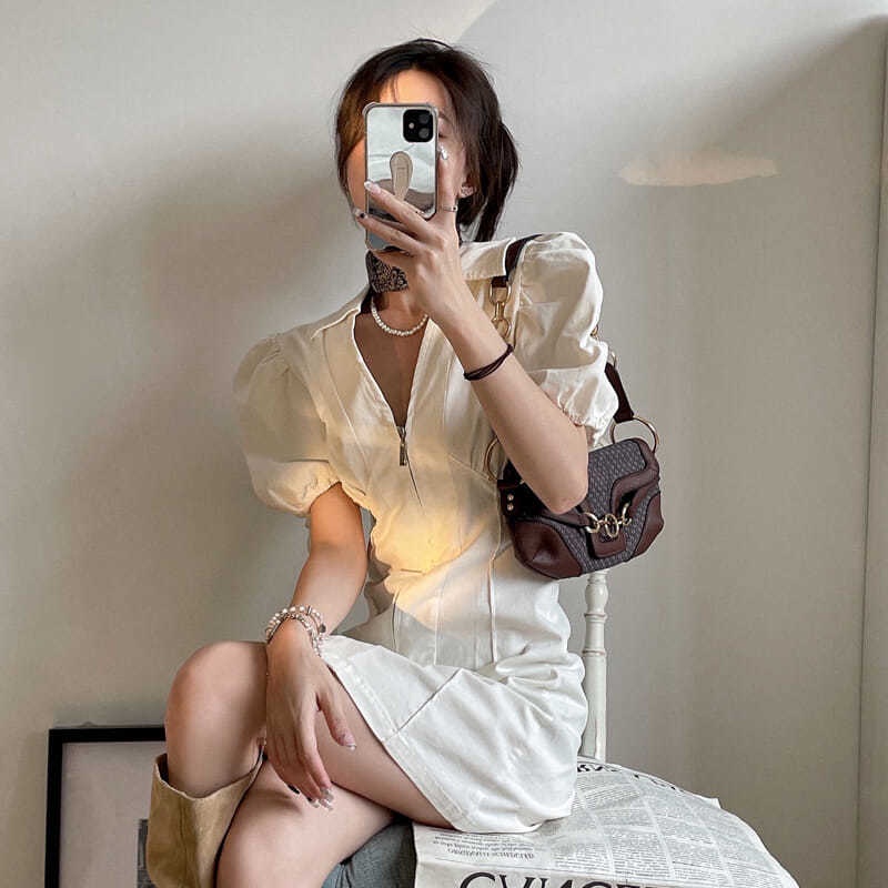 Đầm Tay Phồng Cổ Chữ V Khoét Sâu Dáng Chữ A Xếp Ly Thời Trang Mùa Hè Cho Nữ