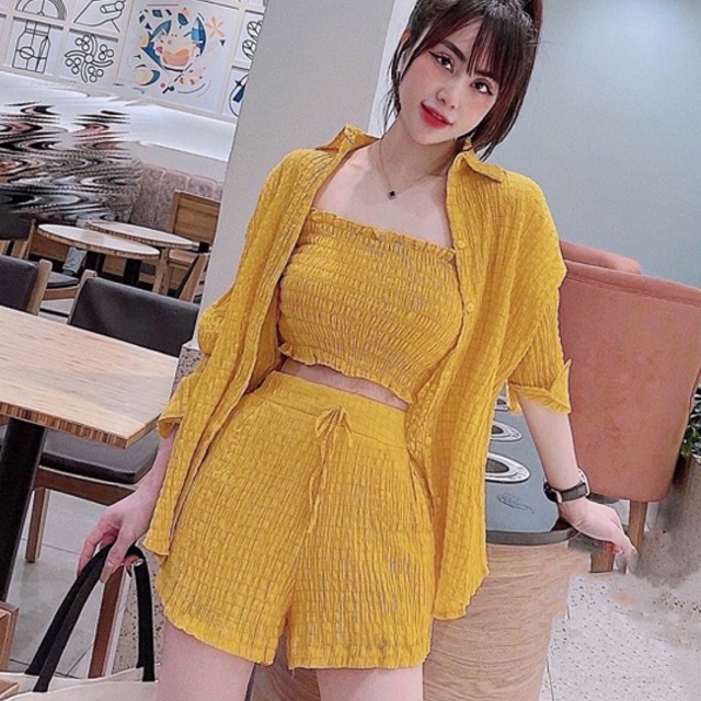 SÉT 3 Món Áo Ống + Quần + Áo sơ mi Hottrend ( Ảnh shop chụp chính chủ 100%)