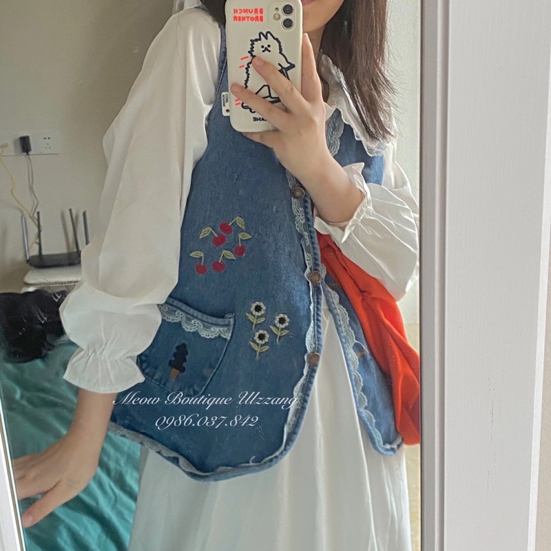 Áo gile jeans thêu đáng yêu viền ren có túi trước phong cách ulzzang retro kèm ảnh thật