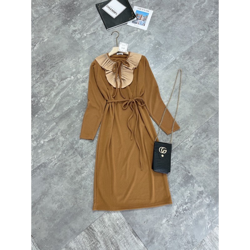 [Rẻ Vô Địch ]Về hàng em váy len zip bèo lơ cổ kèm dây thắt eo xinh lắm ạ Chất len zip dày mịn giãn bao đẹp Hàng may kỹ