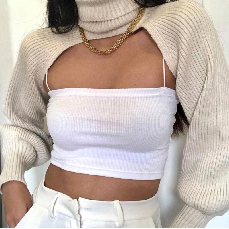 Áo sweater croptop thiết kế cắt xén dệt kim tay dài phồng cổ lọ màu trơn quyến rũ cho nữ