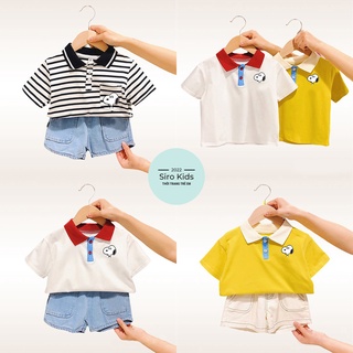Bộ cộc tay Snoopy áo polo 3 màu phối quần jean cực đẹp cho bé trai bé gái từ 8-23kg