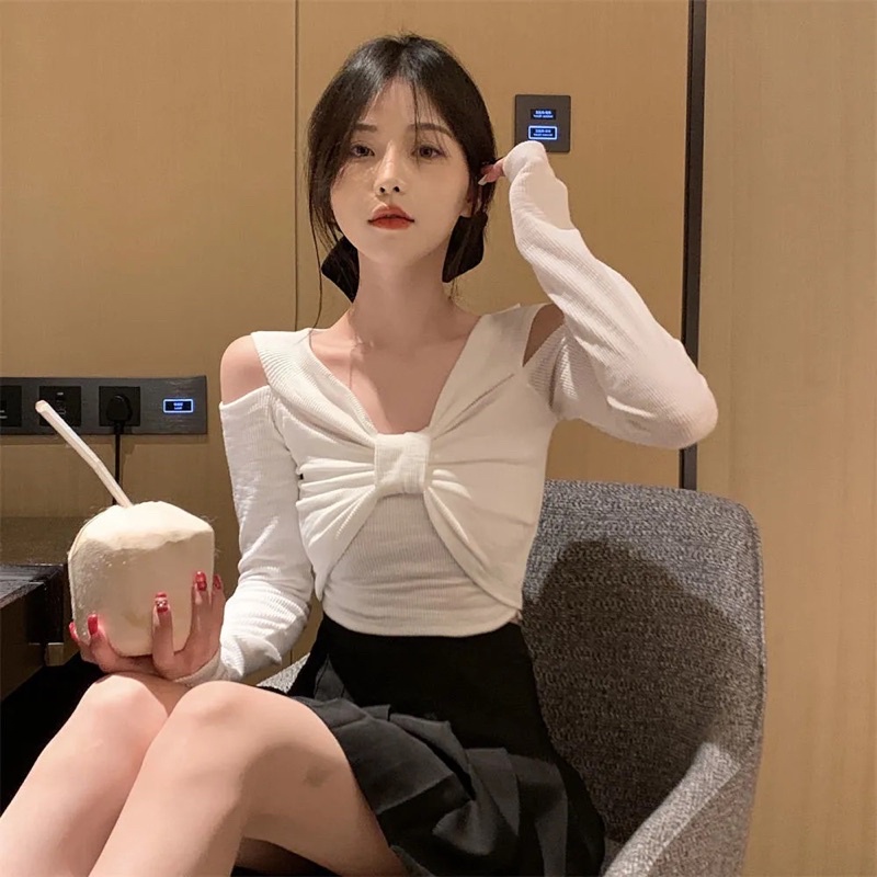 Áo Len Nữ Dài Tay Màu Đen Trắng Xanh Cổ V Nơ Trễ Hở Vai Loại 1 Phong Cách Hàn Quốc Tiểu Thư Điệu Nữ Tính