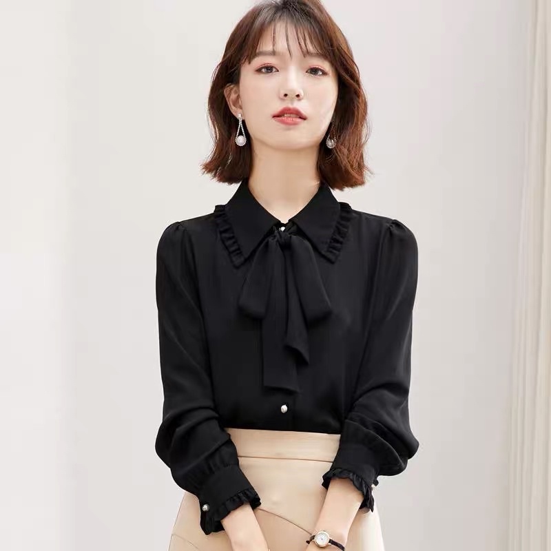 Áo sơ mi kiểu dài tay phong cách công sở hàn quốc kèm dây buộc nơ chất liệu chéo hàn mềm mịn màu hồng nude đen A29