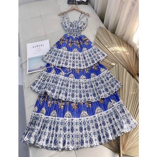 Đầm maxi dập ly tầng họa tiết
