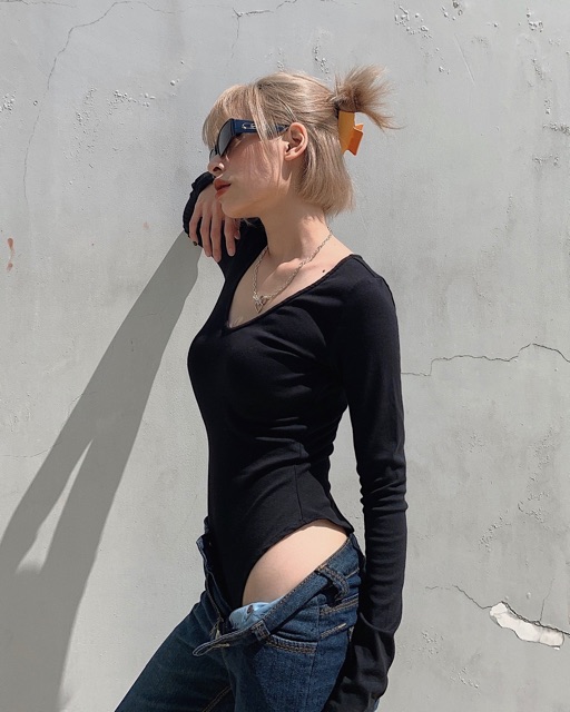 Bodysuit jumsuit tay dài cổ tim sexy thun cotton đứng form Áo liền quần đồ bơi | BigBuy360 - bigbuy360.vn