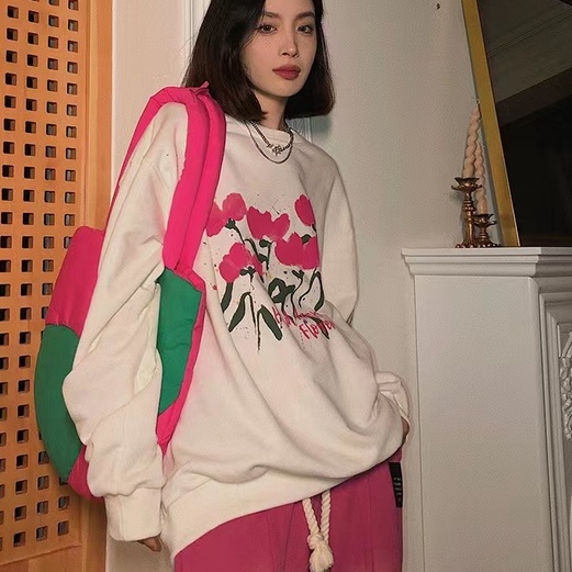 Áo len ZHELIHANGFEI cổ tròn họa tiết hoa graffiti dễ phối đồ tùy chọn màu sắc