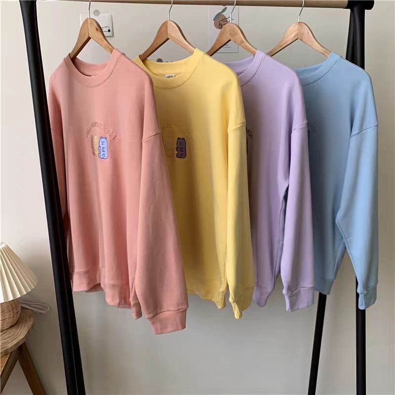 ÁO NỈ NAM NỮ FORM RỘNG Sweater Tay Dài Thêu Hình Gấu , Sweater Phông Unisex Nam Nữ Form 38-65kg