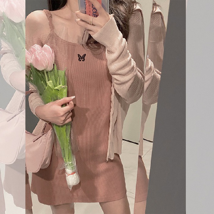 【ZHELIHANGFEI】 / Đầm Hai Dây Dệt Kim Ôm Dáng Thêu Họa Tiết Bướm Rỗng Phong Cách Sang Trọng Mùa Hè 2022 Quyến Rũ Cho Nữ