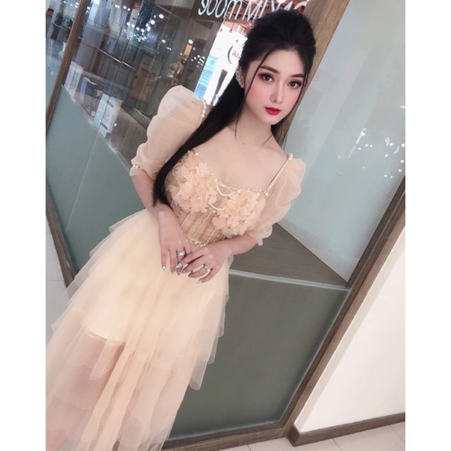 [Mã FATHANG5 giảm 10K đơn 50K] KÈM ẢNH THẬT - Đầm xoè tầng tay phồng kết hoa và cườm nổi -MS106V- Size M/L đến 57kg | BigBuy360 - bigbuy360.vn