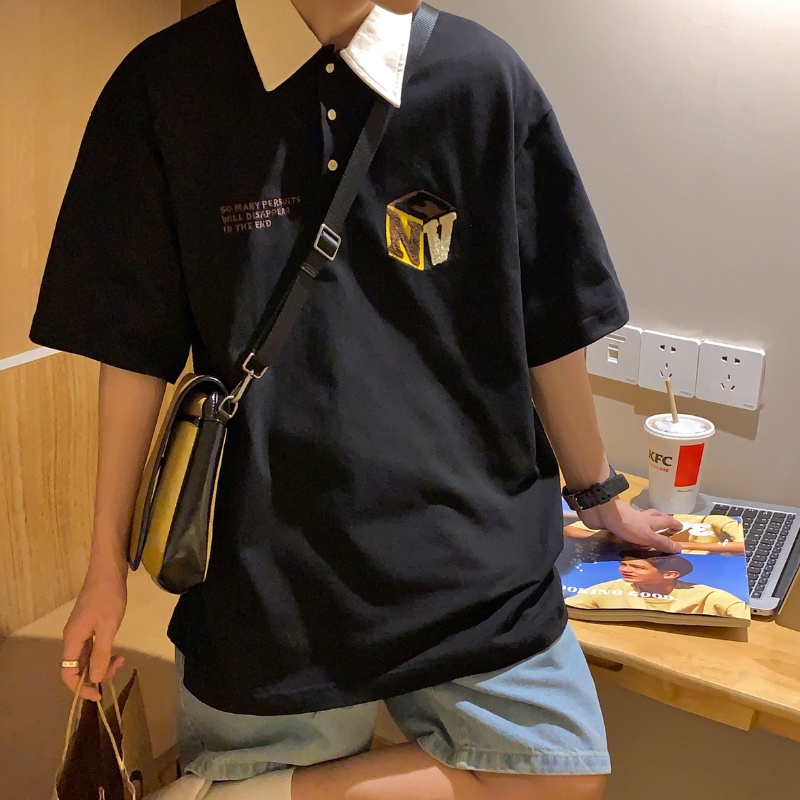 Áo Sơ Mi POLO Tay Ngắn Dáng Rộng In Chữ Thời Trang Hàn Quốc Cho Nam Size M-2XL